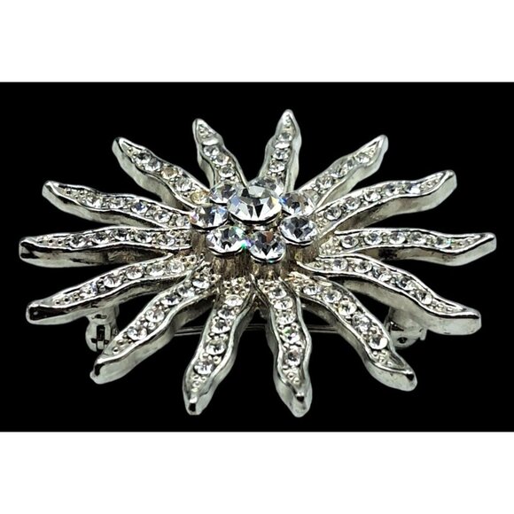 Vintage Clear Rhinestone Starburst Brooch Pin Silver Tone Costume Jewelry - Picture 5 of 10